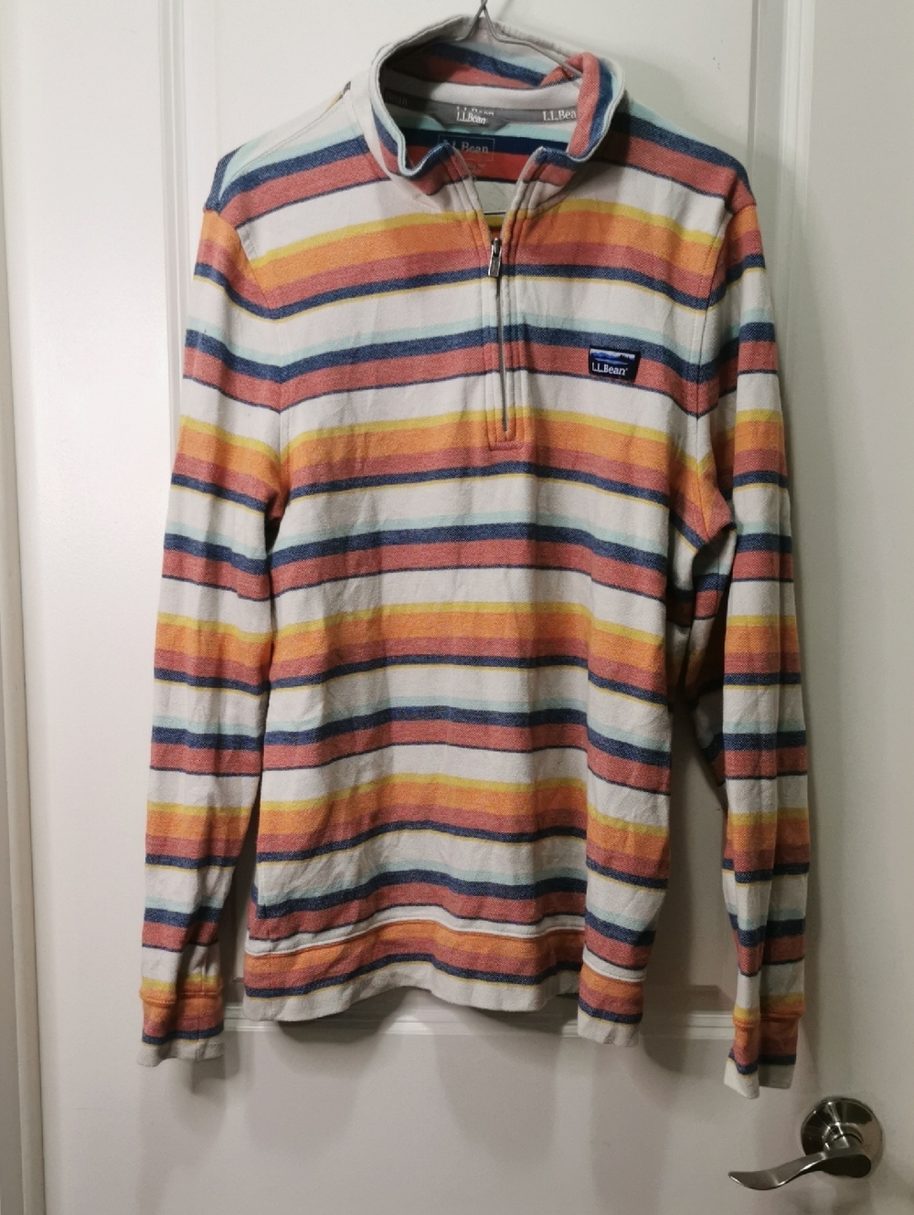 L.L. Bean Men's Quarter-Zip Striped Sweater - White, Blue,‎ Yellow, Orange